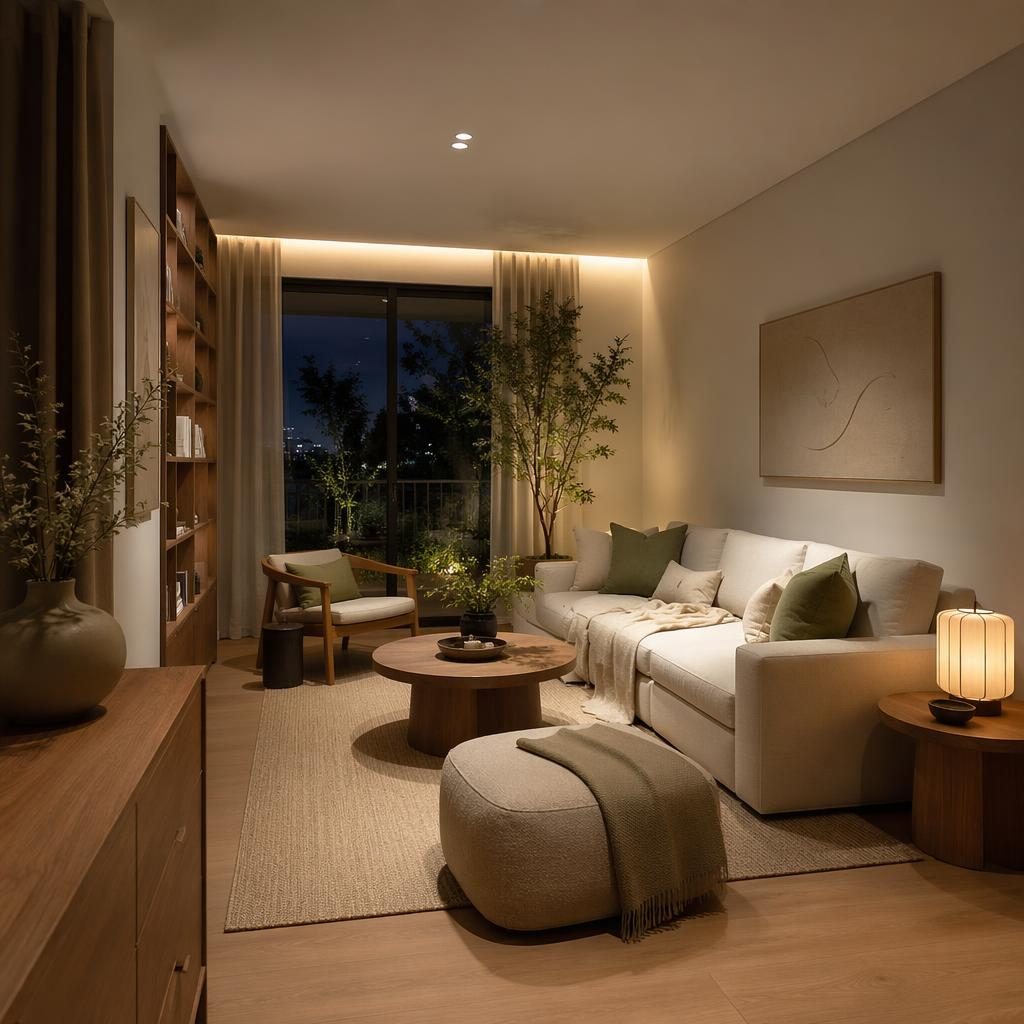 Salón pequeño moderno con paleta sage y crema, luz cálida de tarde, materiales naturales, plantas y textiles neutros.