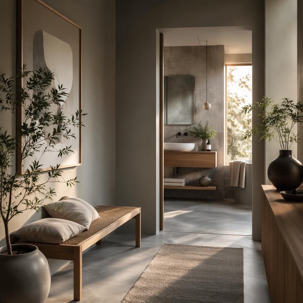 Entrée japandi scandinave aux tons gris froids, lumière dorée, bois naturel, plantes, textiles et art mural.