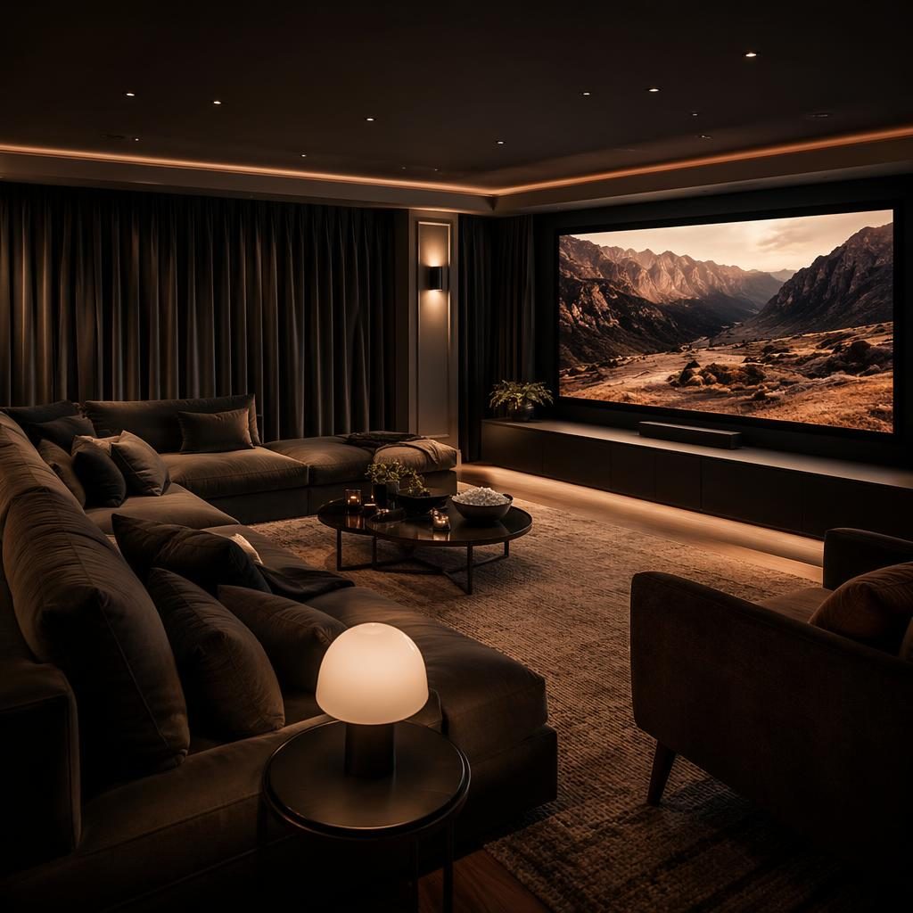 Dunkles, luxuriöses Heimkino mit warmen Naturmaterialien, Textilien, Pflanzen und stimmungsvoller Golden-Hour-Beleuchtung.