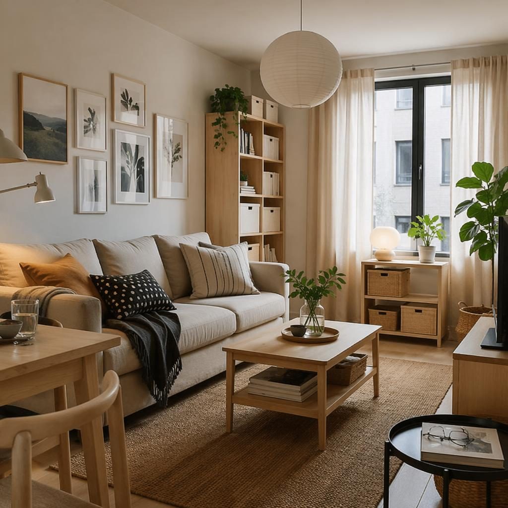 Soggiorno scandinavo con mobili flat-pack in legno chiaro, divano semplice, scaffali modulari, piante e luce naturale.