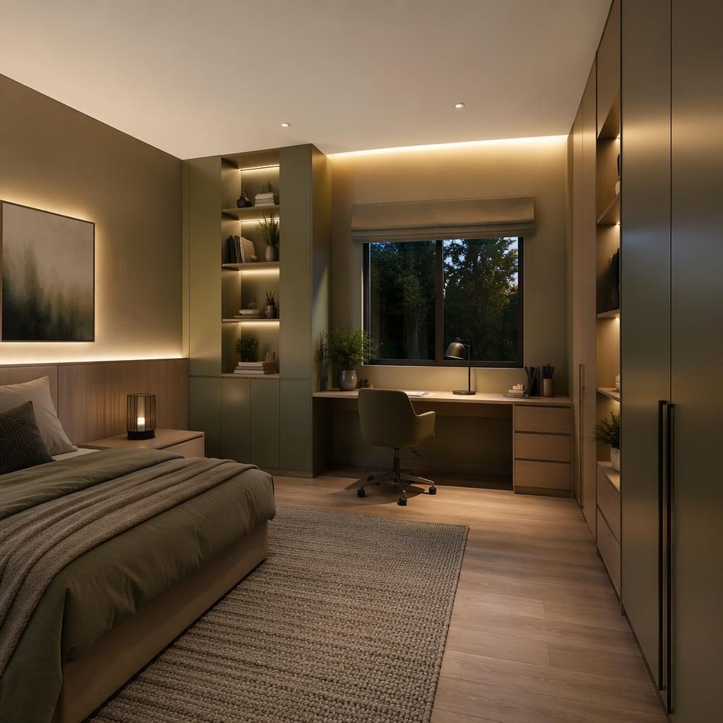 Modernes Teenager-Schlafzimmer mit salbei-creme Farbpalette, warmem Abendlicht, Naturmaterialien, Pflanzen, Kunst und Textilien.