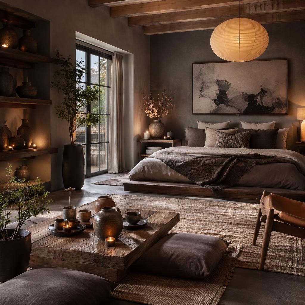 Dormitorio boho de estilo wabi sabi con tonos grises, materiales naturales, plantas, arte textil y luz cálida de tarde