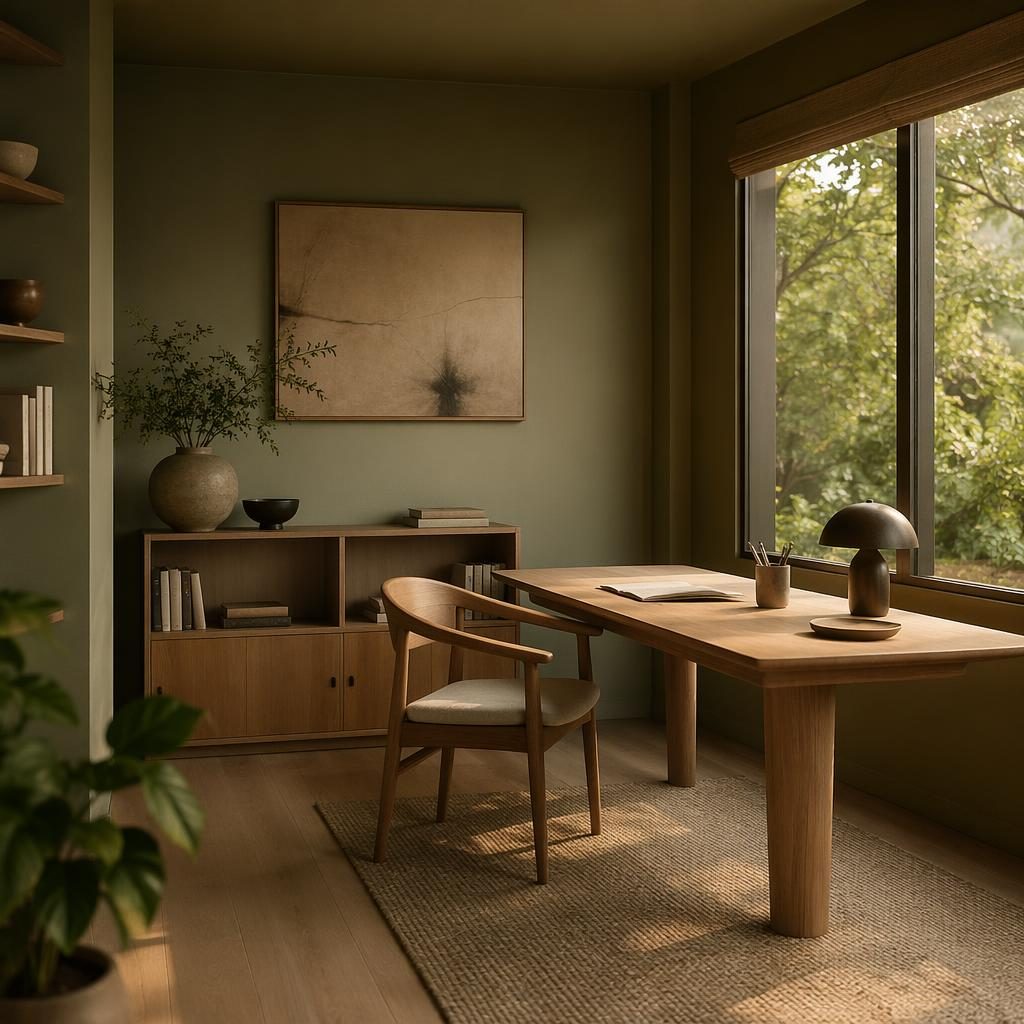 Estudio japandi con dormitorio integrado, paleta verde salvia y crema, luz dorada, madera natural, plantas y textiles.