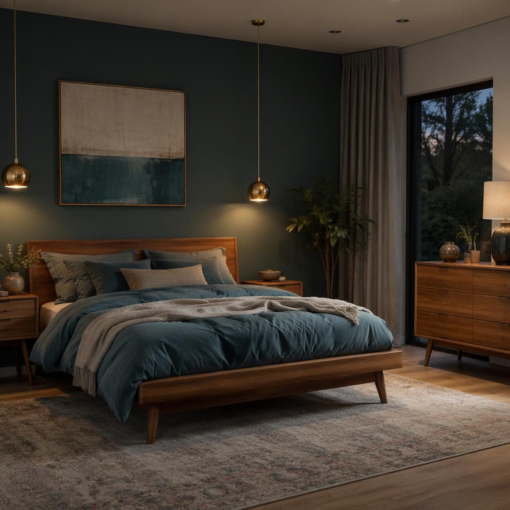 Mid-century teak bedroom with teal and grey bedding, minimalist decor, warm evening light, plants, textiles and art