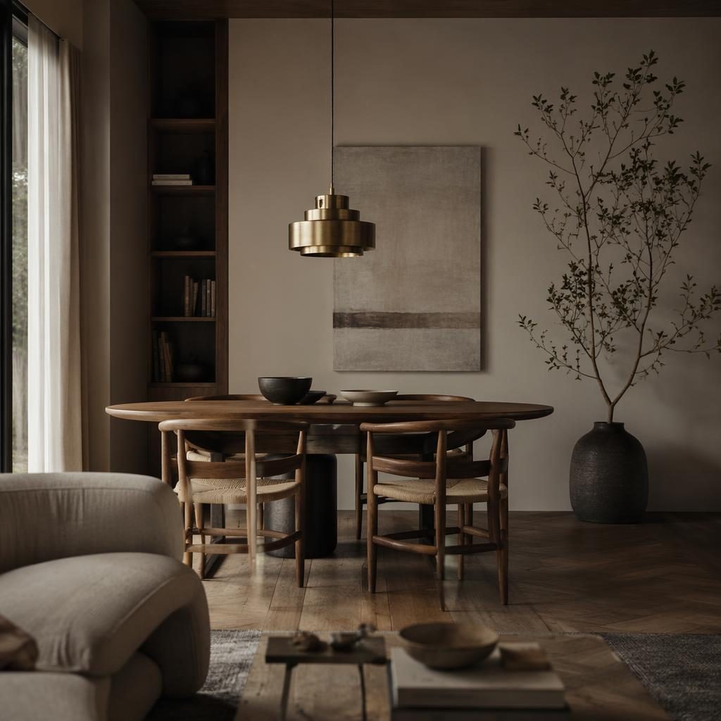 Japandi-Esszimmer mit blauem und messingfarbenem Akzent, Naturmaterialien, Pflanzen, Kunst und stimmungsvoller Beleuchtung