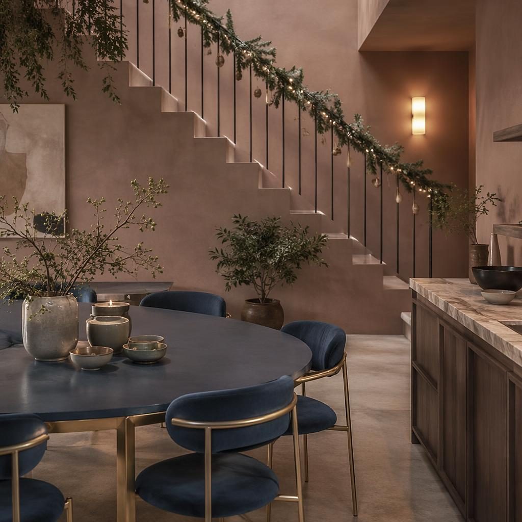 Salle à manger bleu et laiton dans un intérieur wabi-sabi rose pastel et beige, matériaux naturels, plantes et lumière diffuse.