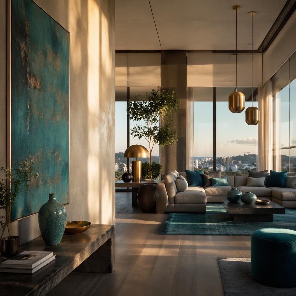 Recibidor de penthouse contemporáneo con tonos azul turquesa y gris, detalles en latón, plantas, arte y luz dorada.