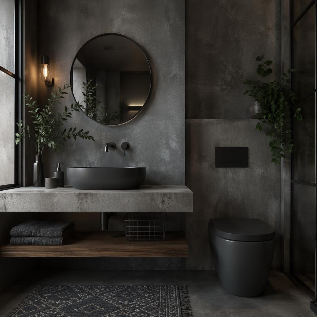 Baño industrial de hormigón visto en tonos grises, con plantas, textiles y luz ambiental tenue, sin personas.