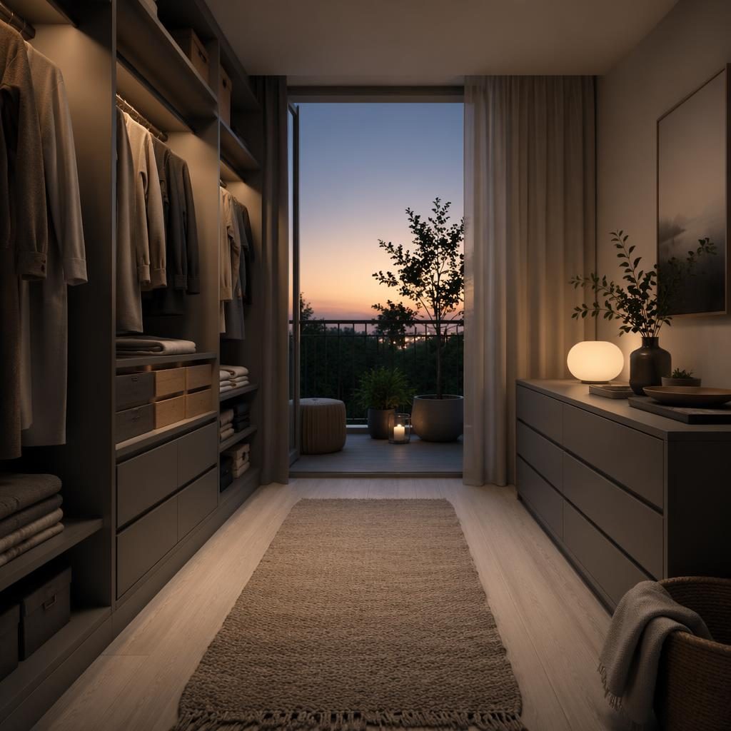 Scandinavian walk-in closet with cool grey tones, warm evening light, natural wood, plants, art, and textiles.
