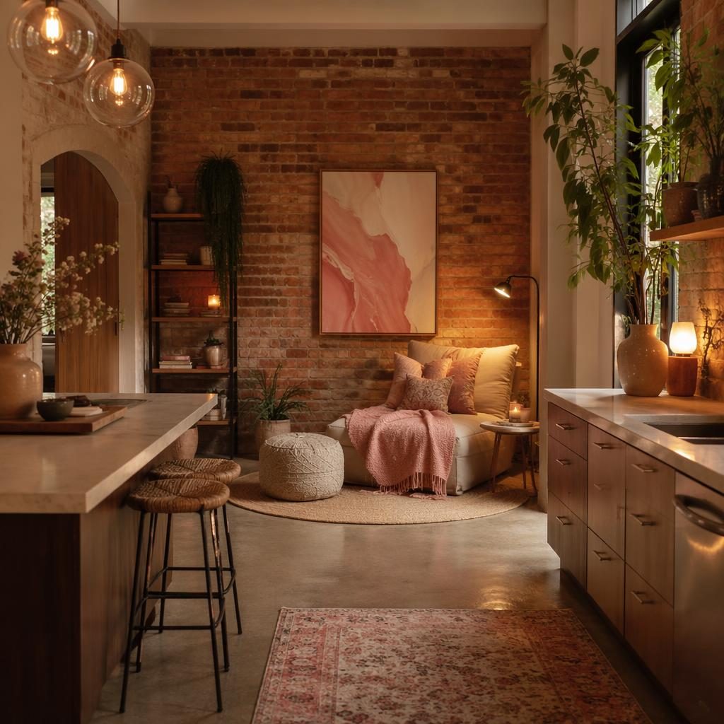 Realistic villa interior featuring an industrial brick kitchen, pastel pink and beige decor, plants, textiles, and warm evening light.