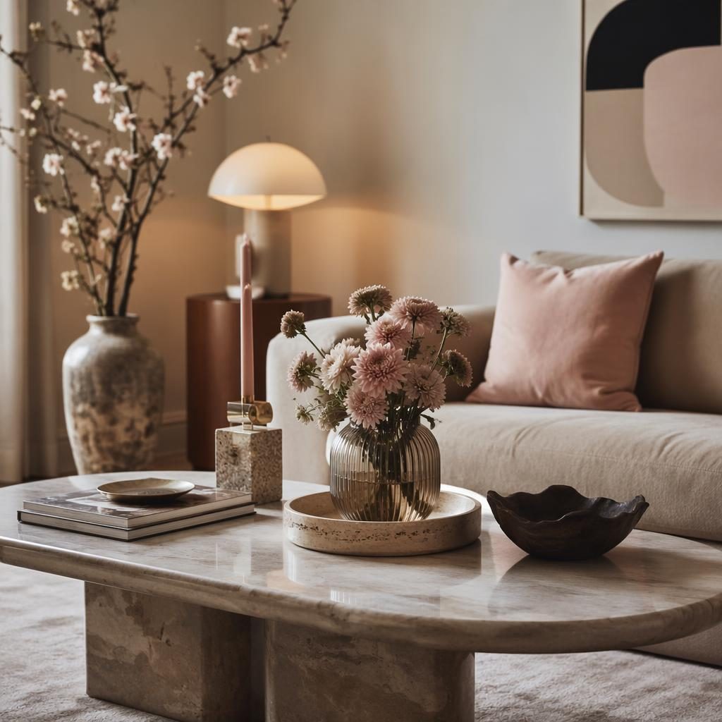 Pastellrosa-beiges Schlafzimmer mit Couchtisch, natürlicher Deko, Textilien, Pflanzen und sanftem Tageslicht