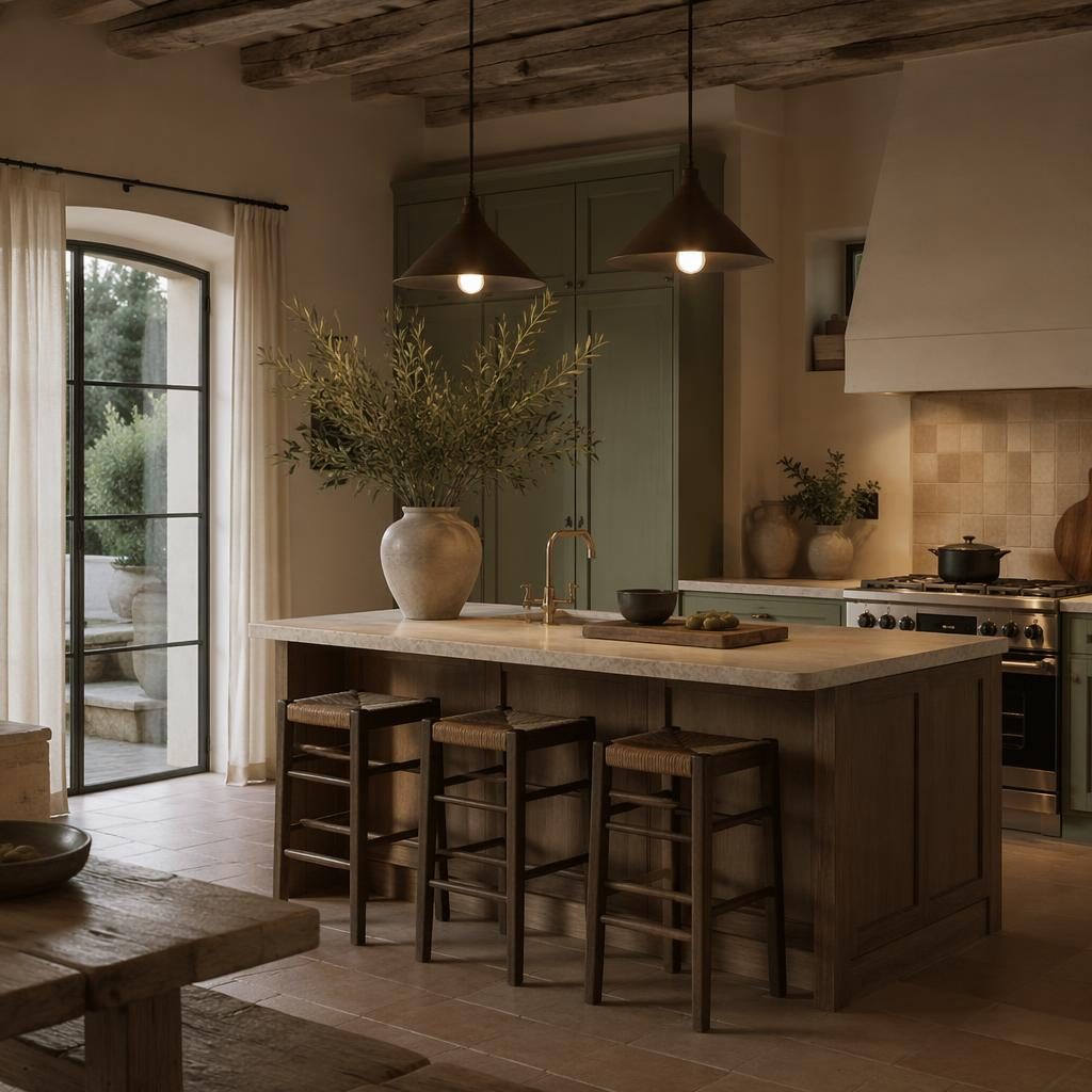 Cuisine modern farmhouse aux tons sauge et crème, bois naturel, plantes, textiles et lumière chaude du soir, sans personne.