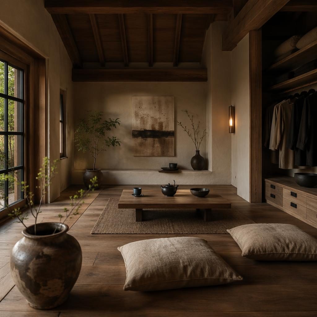 Realistic japandi tea room inside a walk-in closet with warm neutral tones, natural materials, plants, art, and textiles