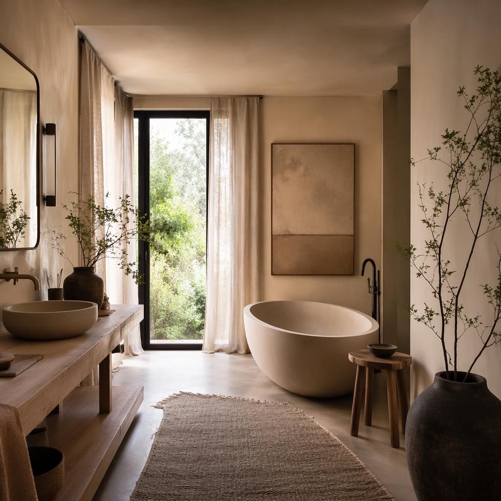 Japandi Wohnzimmer mit warmen Naturtönen, Holz, Textilien, Pflanzen, Kunst und weichem Tageslicht, ohne Personen