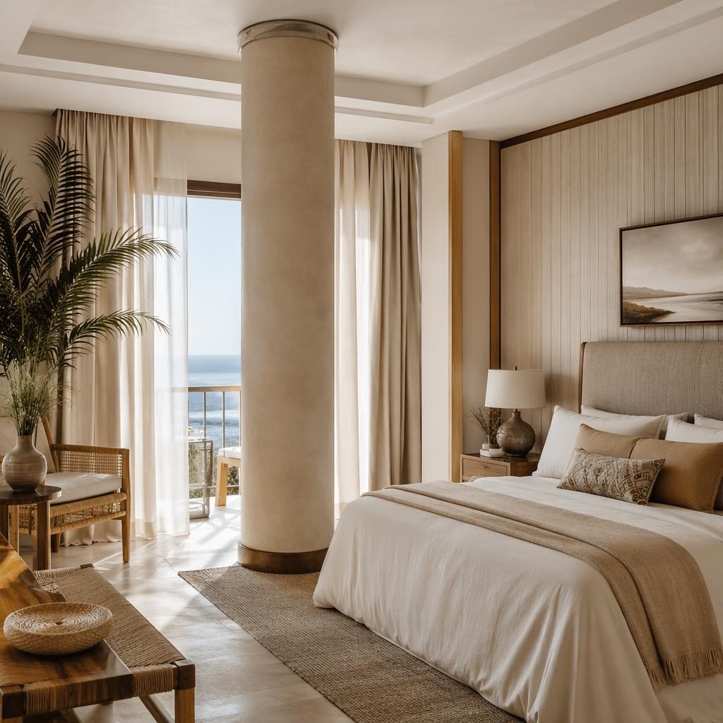 Dormitorio art déco en tonos tierra con ropa de cama estilo costero, columna redonda, plantas y luz natural suave.