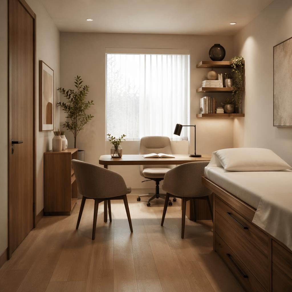 Render interior realista de baño minimalista con grifería negra, tonos neutros cálidos, textiles, arte y plantas.