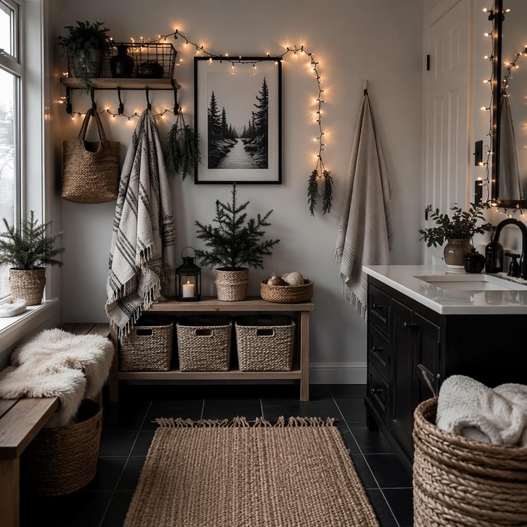 Mudroom estilo farmhouse boho en blanco y negro, materiales naturales, plantas, arte y textiles, luz difusa.
