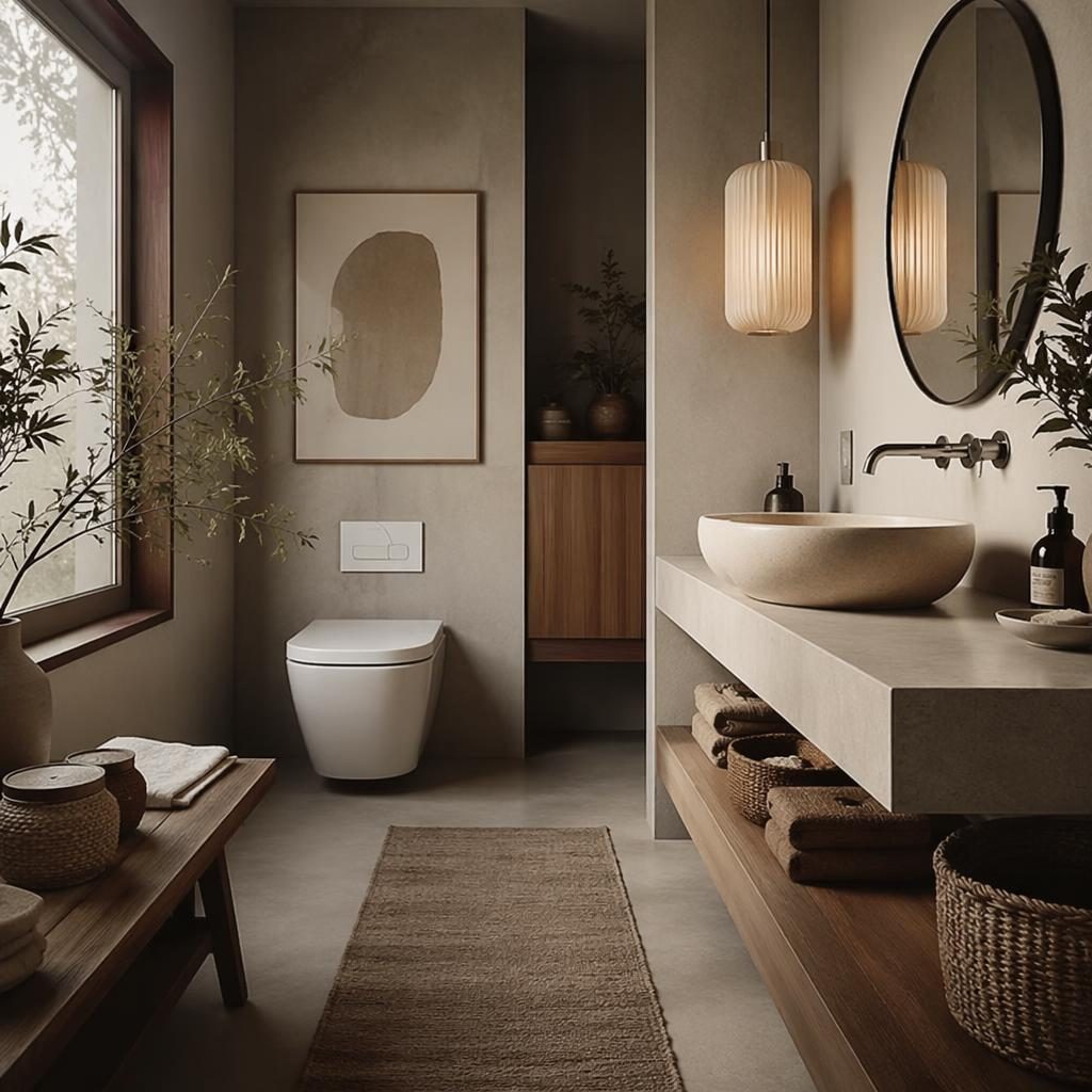 Scandinavian Japandi bathroom with earth tones, natural wood, stone finishes, plants, textiles, and soft overcast light
