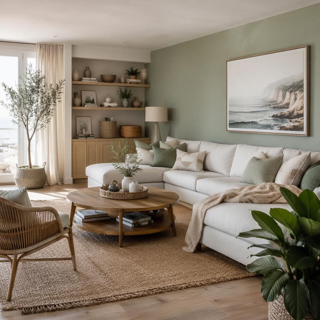 Helles Wohnzimmer im Küstenstil mit salbei- und cremefarbenen Tönen, Naturmaterialien, Pflanzen, Kunst und Textilien