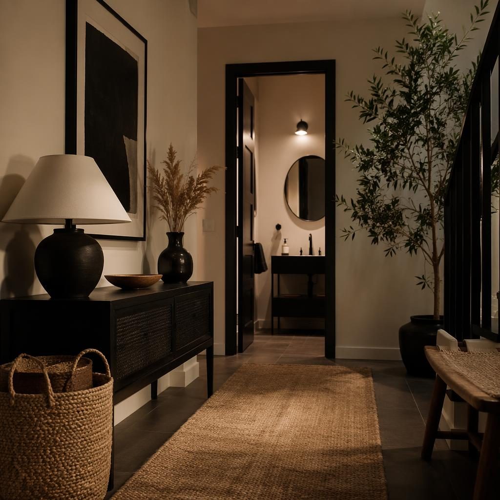 Mid-century black and white entryway with natural materials, plants, art, textiles, and warm evening lighting.