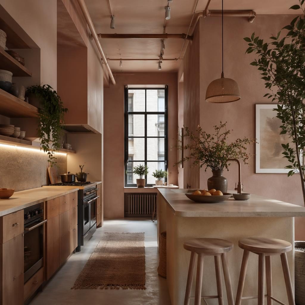 Boho kitchen interior with pastel pink and beige palette, plants, textiles, art, and exposed industrial home office pipes