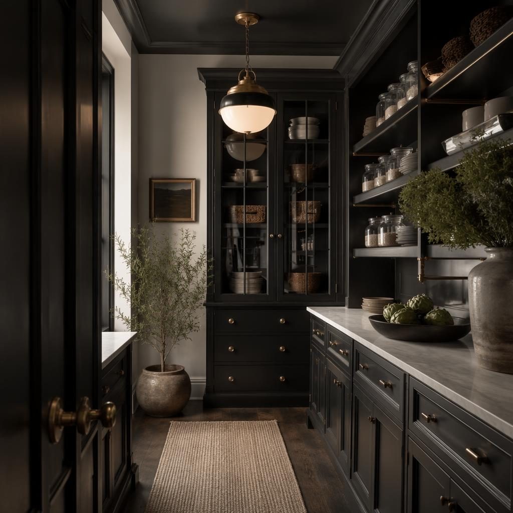 Moody black and white Scandinavian home office with natural materials, custom walk-in pantry, plants, art and textiles.