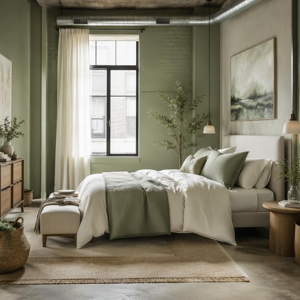 Dormitorio en tonos salvia y crema con rincón de lectura, luz natural suave, plantas, textiles, arte y materiales naturales.