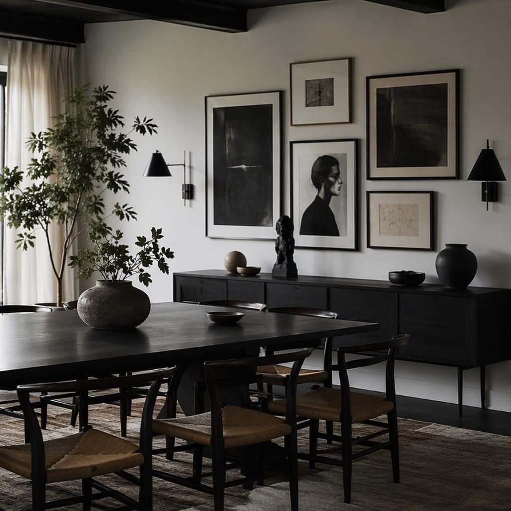 Mid-century dining room in black and white with gallery wall, natural materials, plants, textiles, and moody lighting