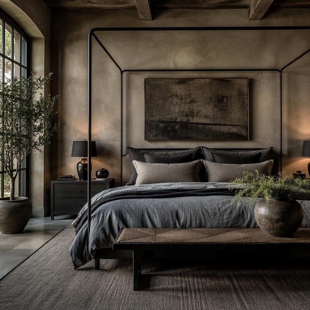 Luxury walk-in closet interior in cool grey tones with metal frame details, natural materials, plants, art, and textiles.