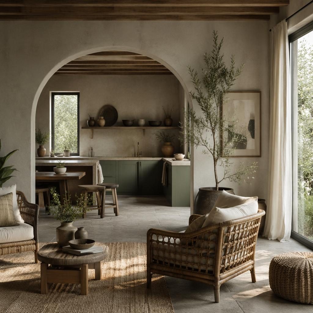 Wabi-sabi coastal sun room with rattan furniture, sage and cream tones, plants, textiles, art, and moody natural light