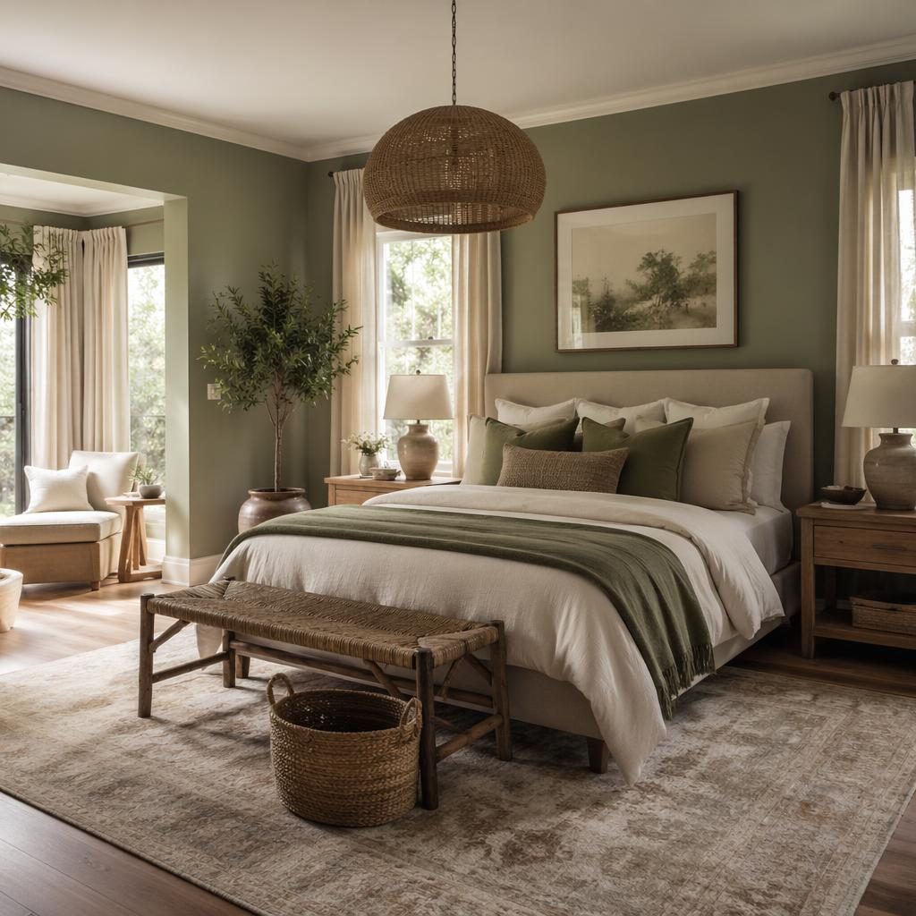 Luxuriöse Boho-Master-Suite in Salbei und Creme mit Naturmaterialien, Pflanzen, Kunst, Textilien und weichem Licht