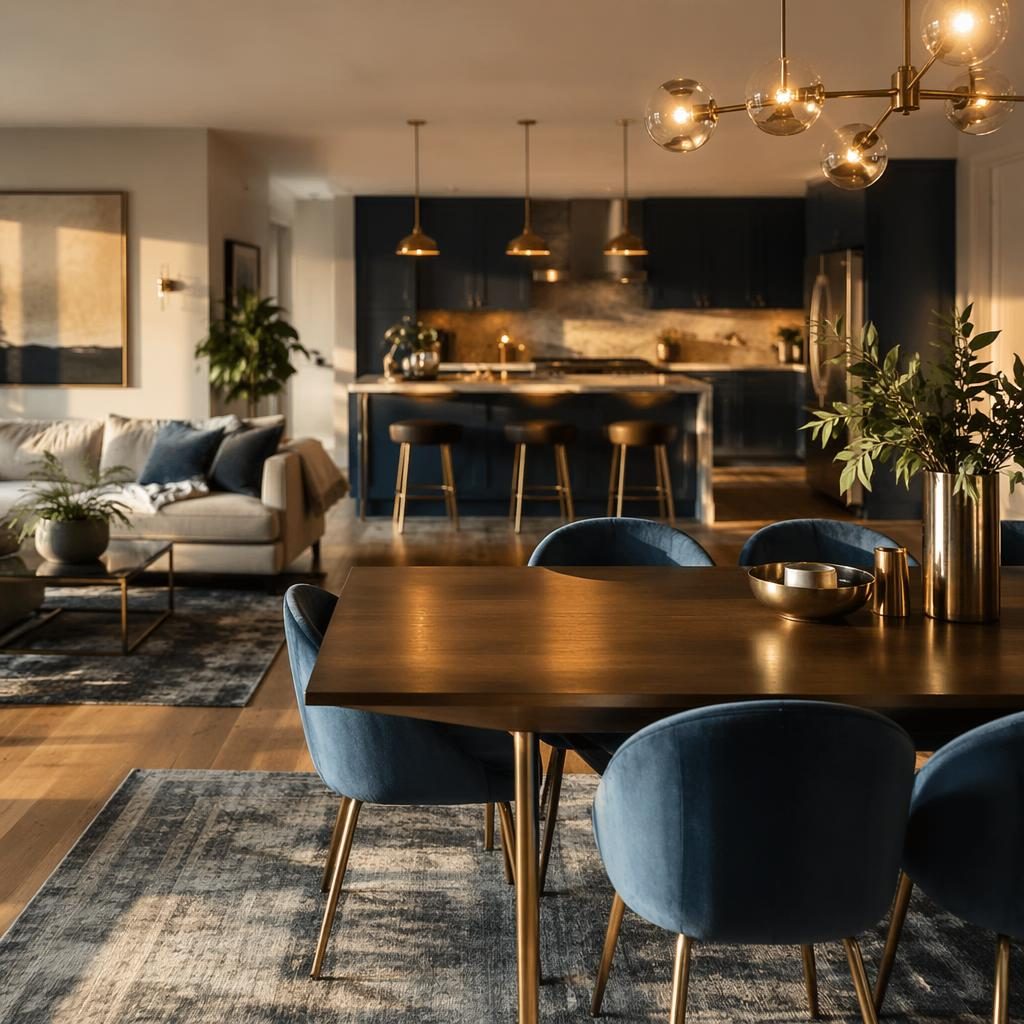 Realistic mid-century open plan kitchen living dining interior with blue and brass accents, plants, art, textiles.
