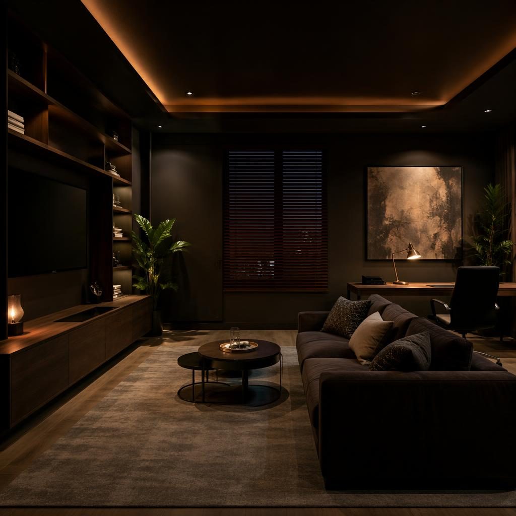 Despacho en casa de estilo industrial y oscuro, con tonos tierra, materiales naturales, plantas, arte y luz cálida de tarde.