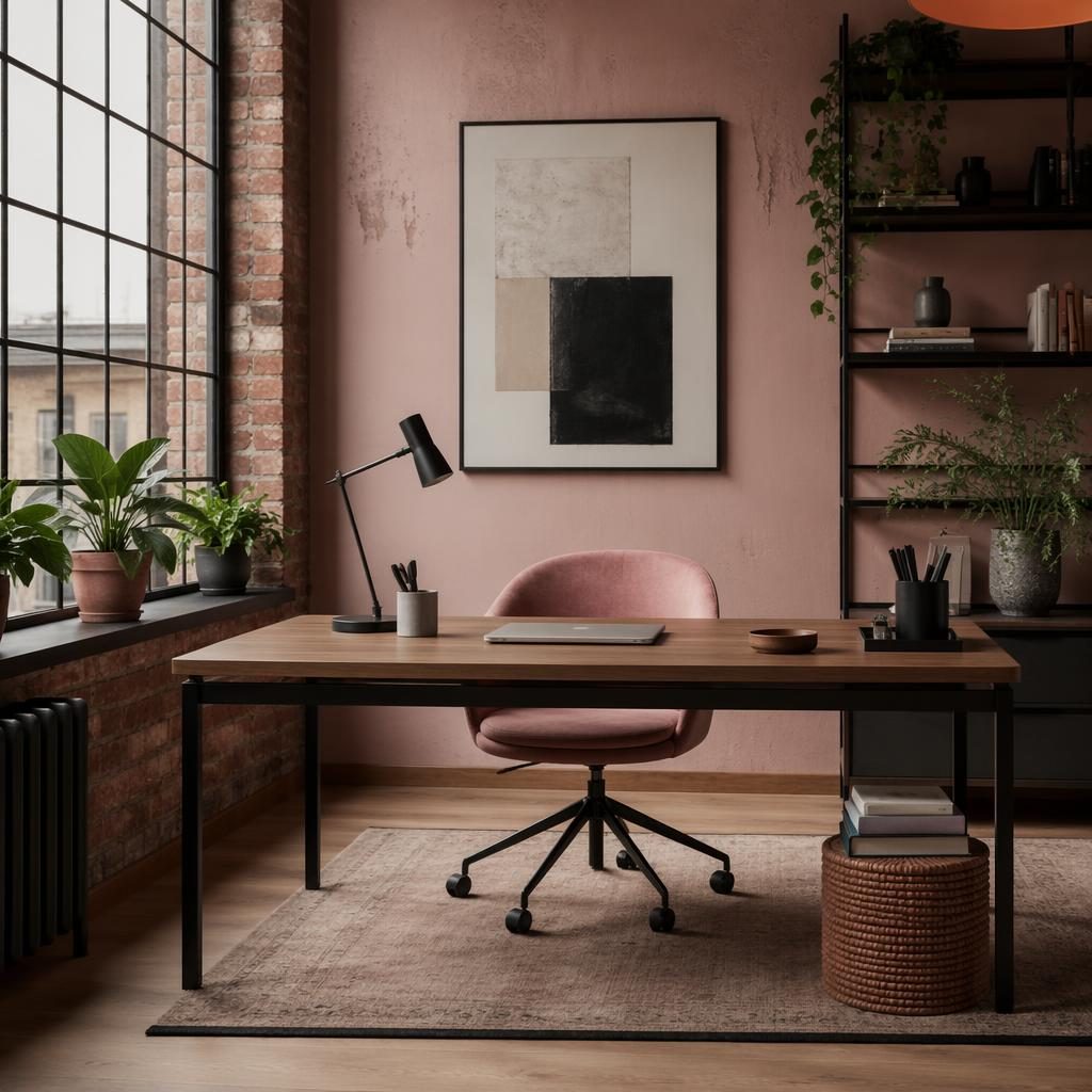 Mid-century industrial loft bedroom with pastel pink and beige decor, natural materials, plants, art, and soft diffused light.