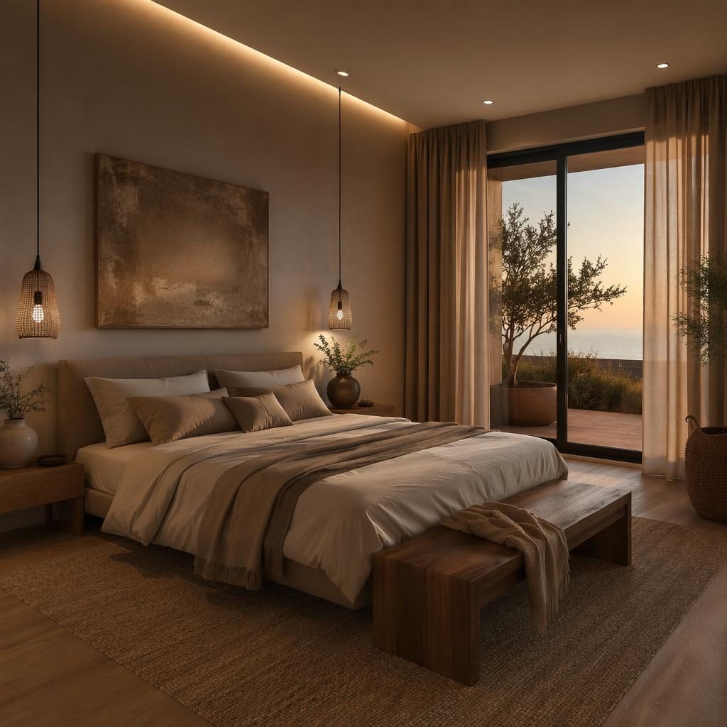Moderne Küstenküche mit offenen Regalen, Naturmaterialien, Erdtönen, Pflanzen und warmem Abendlicht, ohne Personen.