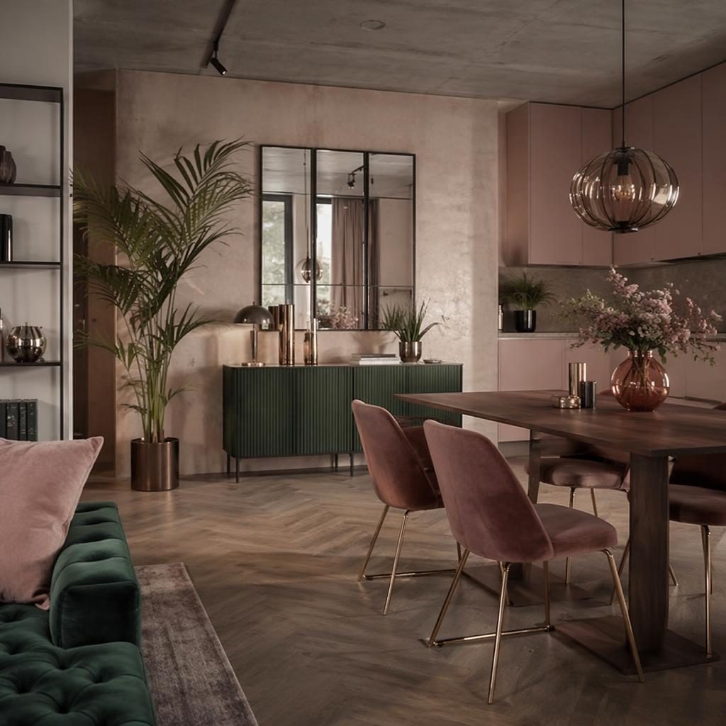 Art-Déco-Wohnzimmer mit smaragdgrünen Akzenten, natürlichen Materialien, Pflanzen, Kunst und Textilien, ohne Personen