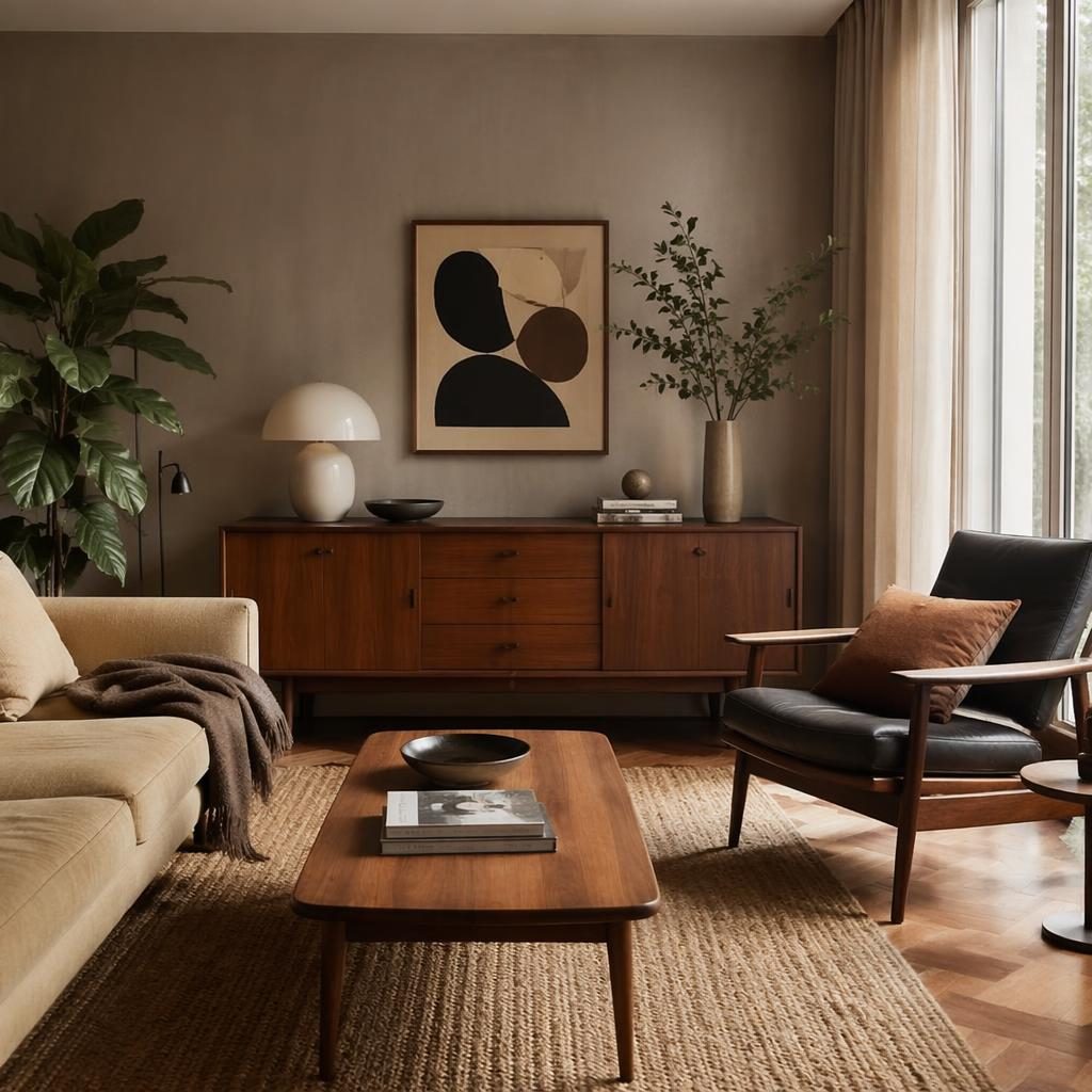 Mid-Century Wohnzimmer in Erdtönen mit Tageslicht, Naturmaterialien, Pflanzen, Kunst, Textilien und ruhiger Anordnung