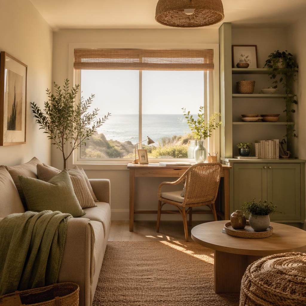 Salón con oficina en casa de estilo costero, tonos salvia y crema, luz dorada, materiales naturales, plantas y arte.