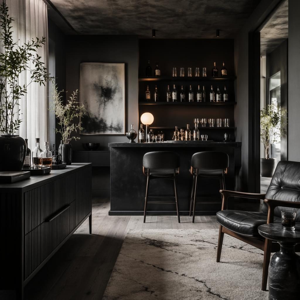 Wabi-Sabi-Ankleidezimmer in Schwarz-Weiß mit Mid-Century-Home-Bar, Naturmaterialien, Pflanzen, Kunst und weichem Tageslicht.