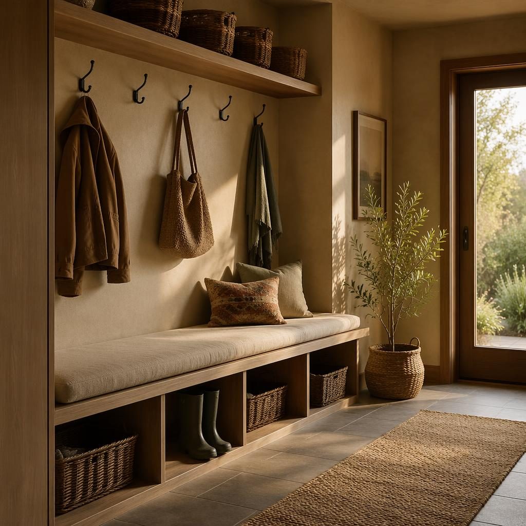 Wabi-sabi bedroom reading corner with bench seating, plants, earth tones, textiles, art, and golden hour light
