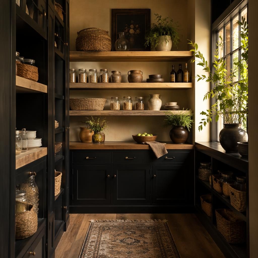 Realistic walk-in pantry interior with art deco styling, black and white palette, natural materials, plants, textiles, and warm golden hour light.