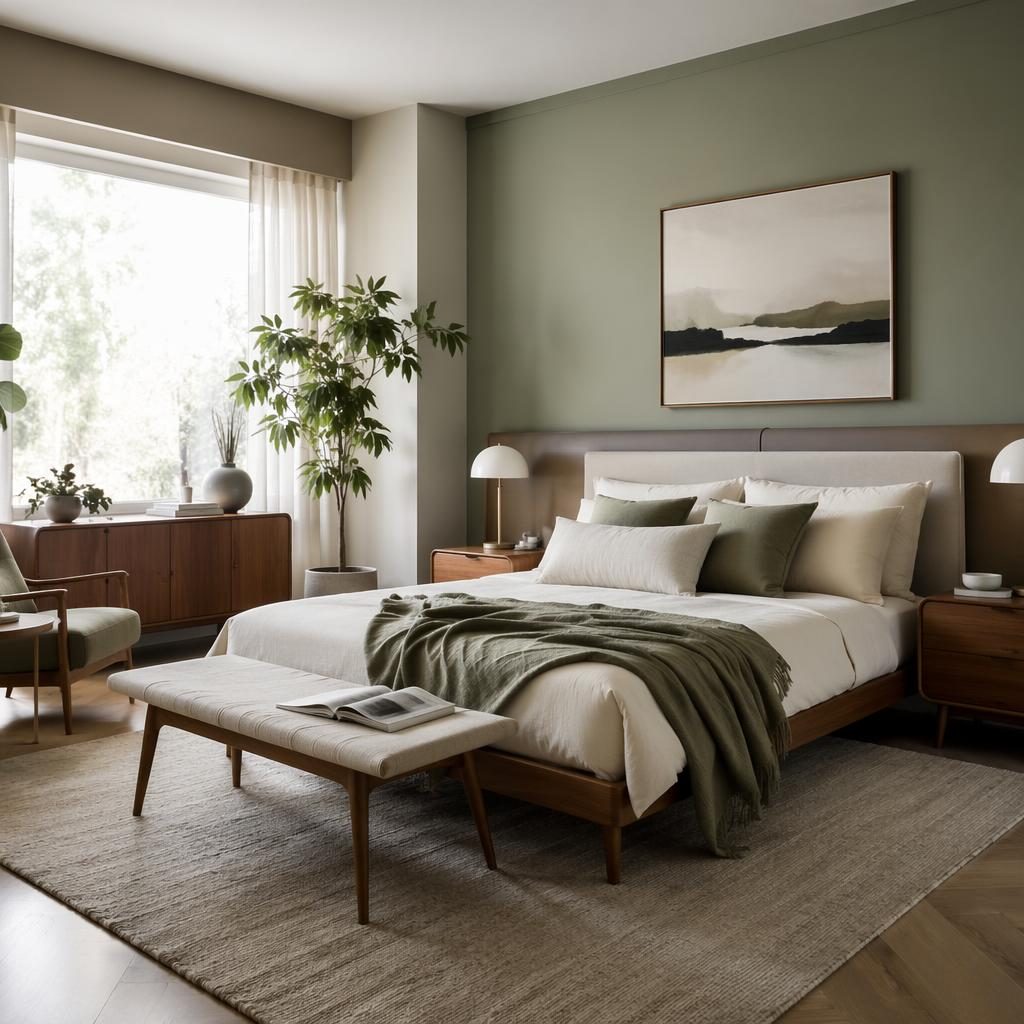 Modernes Mid-Century-Wohnzimmer in Salbei und Creme mit Tageslicht, Holz, Pflanzen, Kunst und textilen Details.