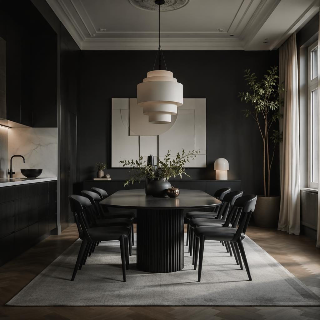 Skandinavische Küche im Art-déco-Stil mit schwarz-weißer Palette, Pflanzen, Textilien und stimmungsvoller Beleuchtung