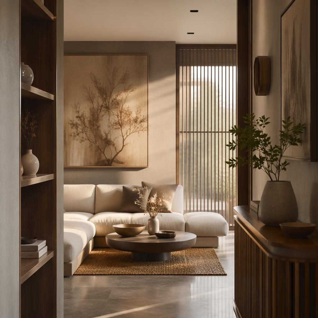 Japandi-Wohnzimmer mit warmen Naturtönen, Art-Déco-Eingangsbereich, Pflanzen, Textilien und goldenem Abendlicht