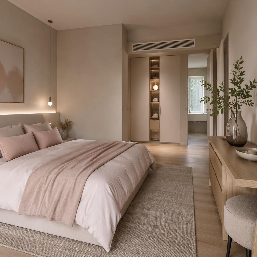 Chambre contemporaine pastel rose et beige, matériaux naturels, plantes, textiles et lumière diffuse, sans personne.