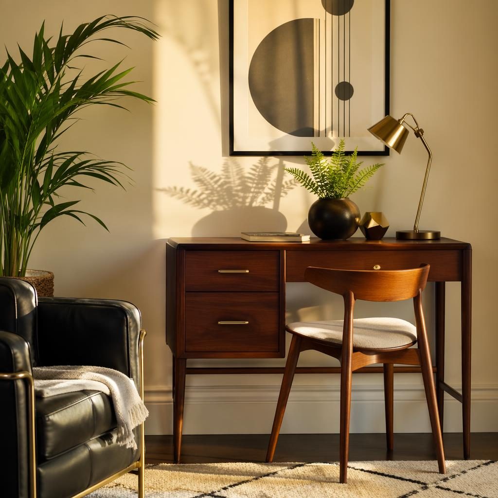 Art deco bathroom interior in black and white with golden hour light, plants, textiles, art, and a mid century reading lounge.
