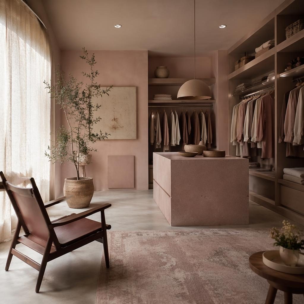 Mid century living room in wabi-sabi style with pastel pink and beige tones, natural materials, plants, art, and textiles