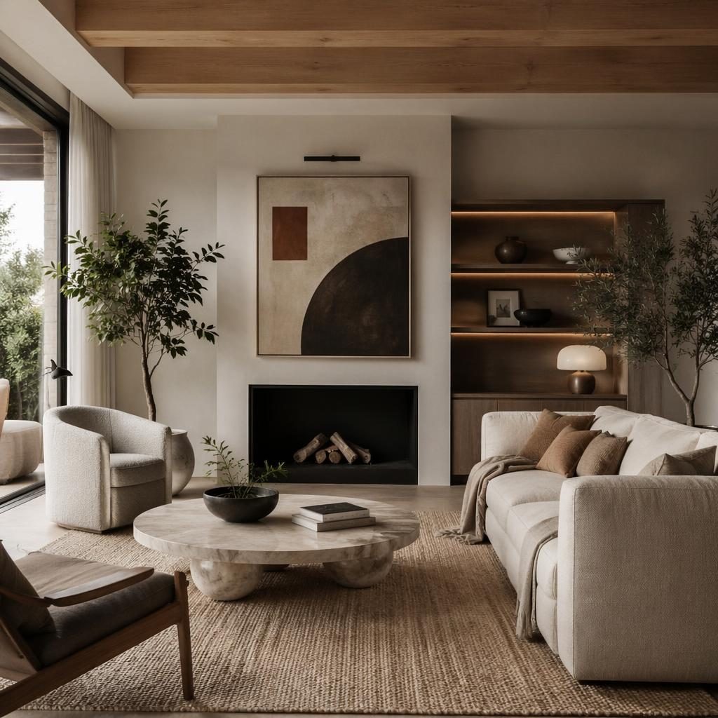 Moderní minimalistický obývací pokoj v teplých neutrálech, denní světlo, přírodní materiály, textilie, umění a rostliny.
