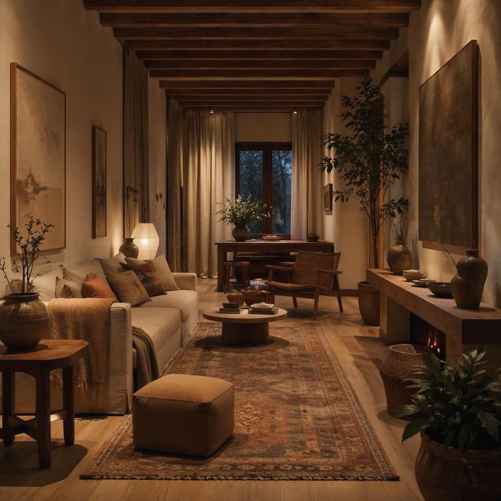 Wabi-sabi long narrow living room with warm rugs, earth tones, natural materials, plants, art, and cozy evening light.