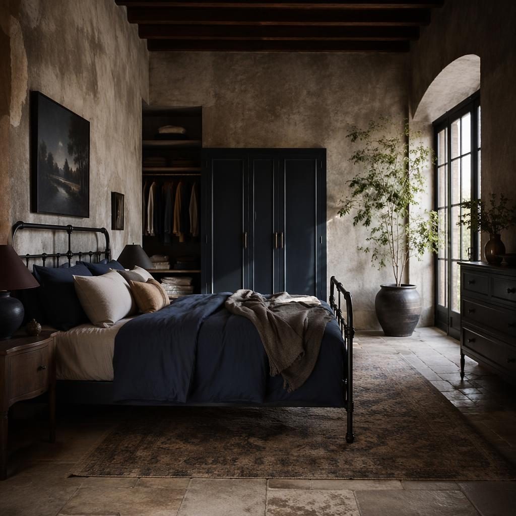 Realistic walk-in closet interior with blue and brass palette, natural materials, plants, art, textiles, and metal frame